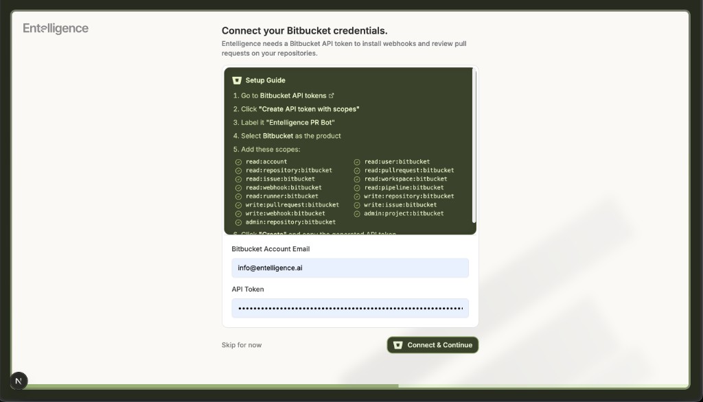 Entelligence Bitbucket setup: Connect your Bitbucket credentials screen with step-by-step API token instructions, scope checklist, email and API token fields, and Connect & Continue button