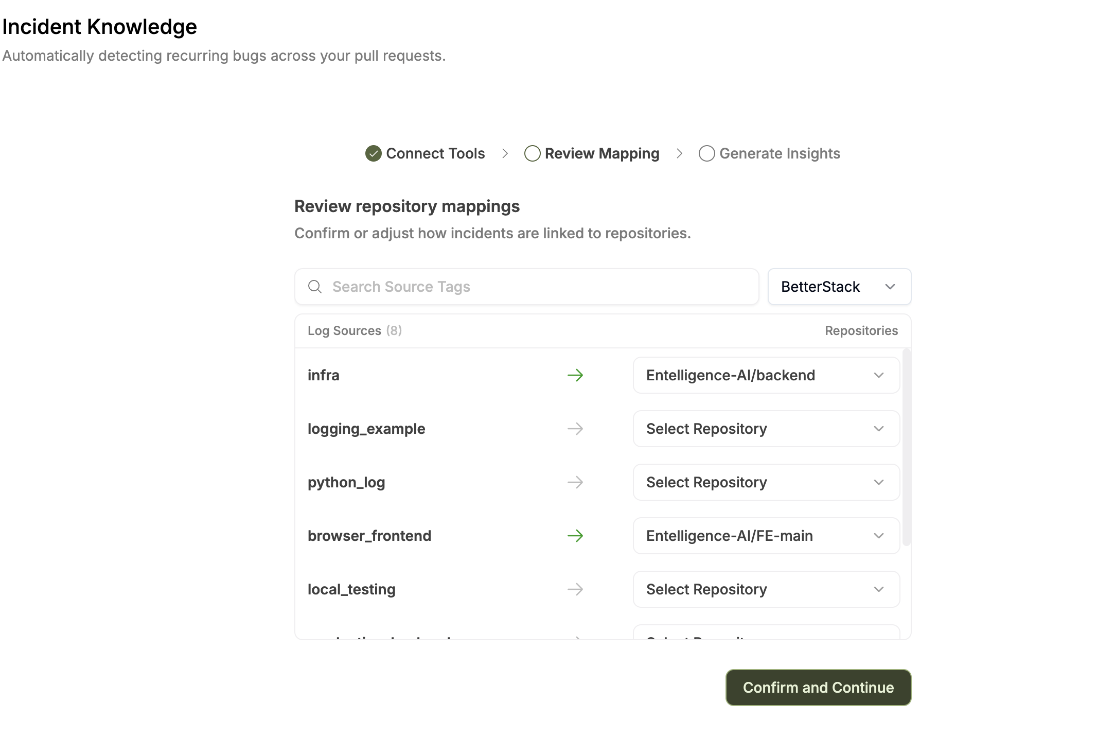 The Review Mapping step with BetterStack selected. Log sources such as infra, browser_frontend are mapped to Entelligence GitHub repositories. Unmapped sources show a gray arrow; mapped sources show a green arrow.