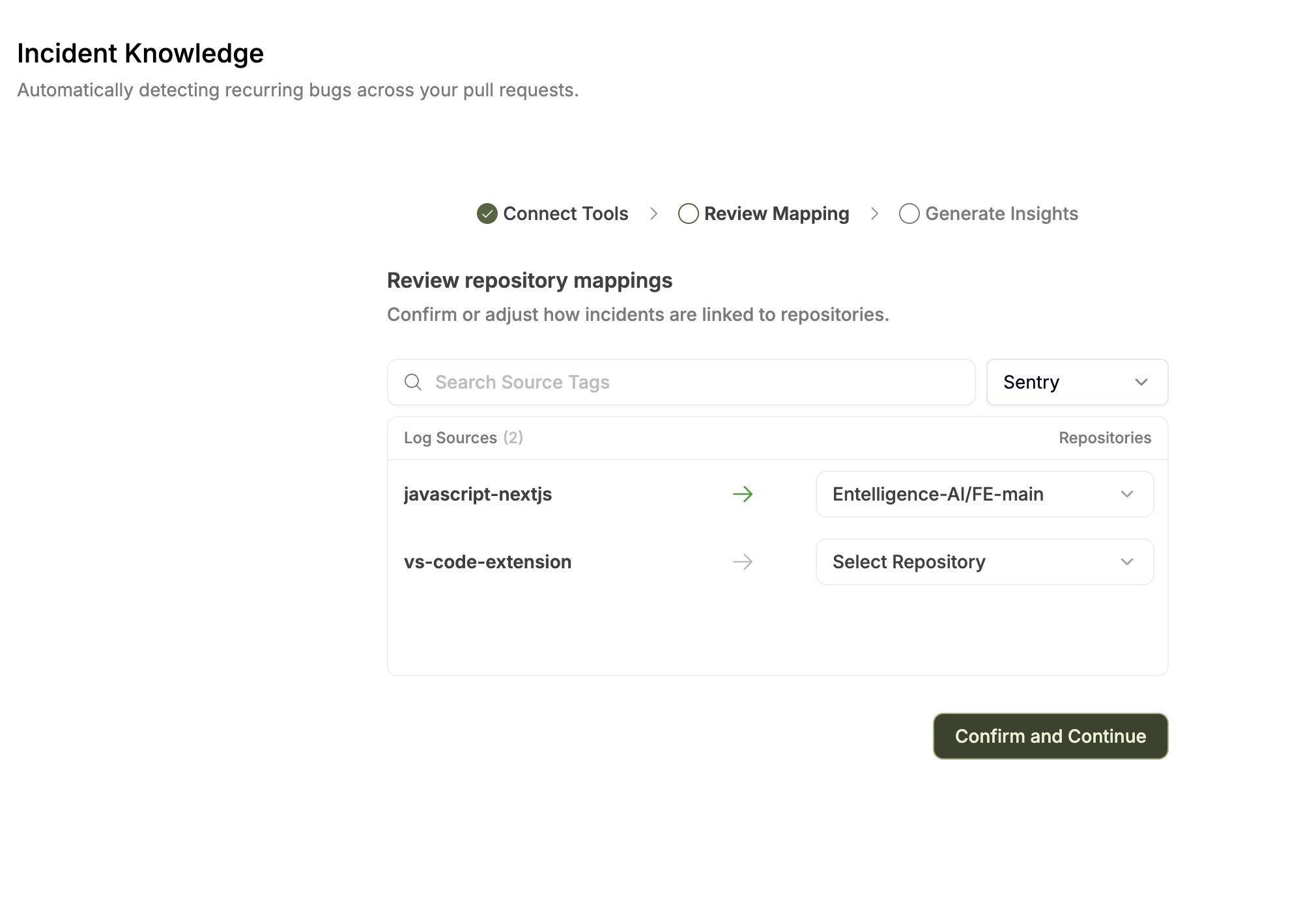 The Review Mapping step with Sentry selected. Two Sentry projects are listed: javascript-nextjs mapped to Entelligence-AI/FE-main, and vs-code-extension unmapped.